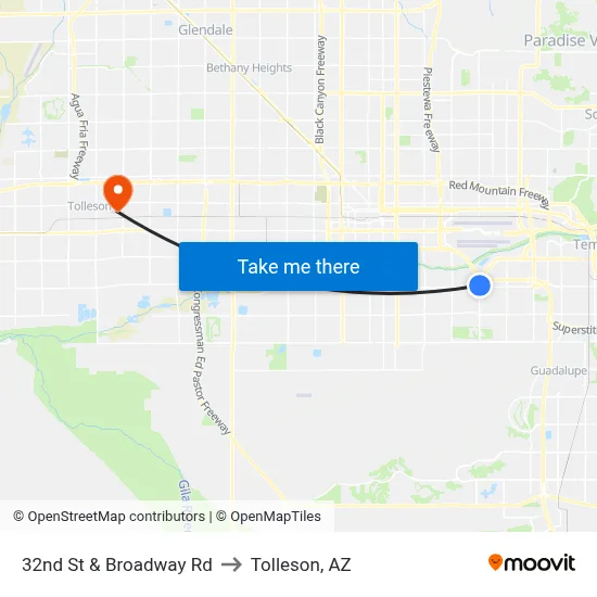 32nd St & Broadway Rd to Tolleson, AZ map