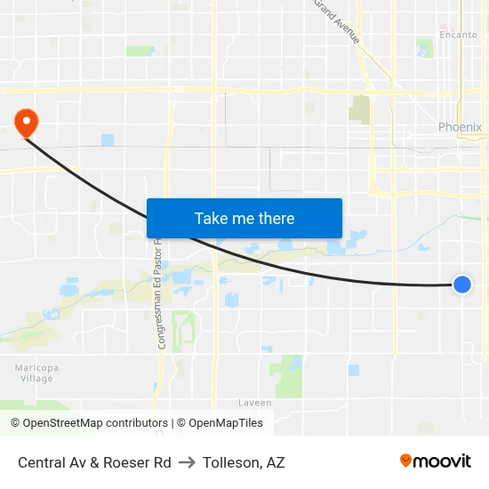 Central Av & Roeser Rd to Tolleson, AZ map