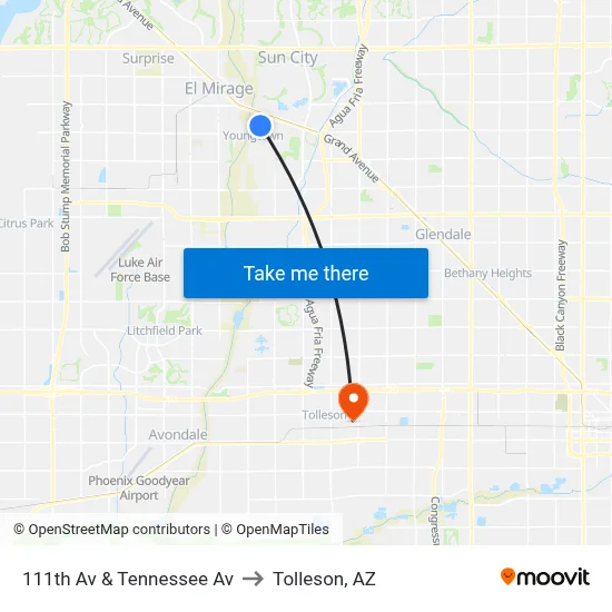 111th Av & Tennessee Av to Tolleson, AZ map