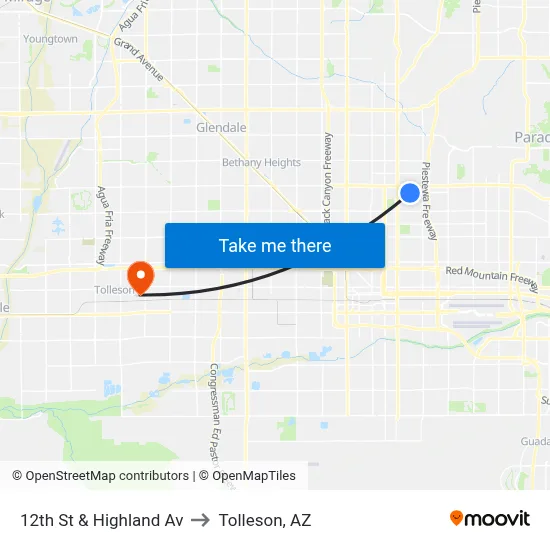 12th St & Highland Av to Tolleson, AZ map