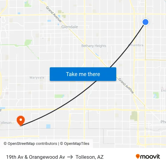 19th Av & Orangewood Av to Tolleson, AZ map