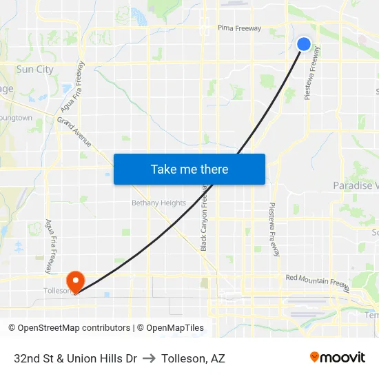 32nd St & Union Hills Dr to Tolleson, AZ map