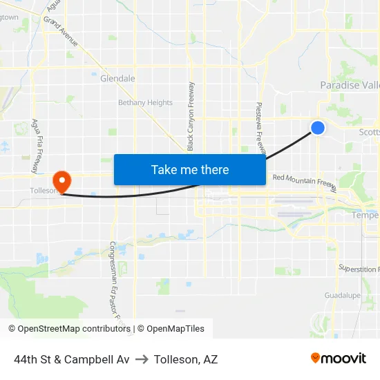 44th St & Campbell Av to Tolleson, AZ map