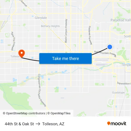 44th St & Oak St to Tolleson, AZ map
