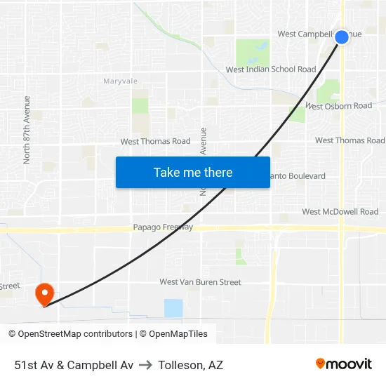 51st Av & Campbell Av to Tolleson, AZ map