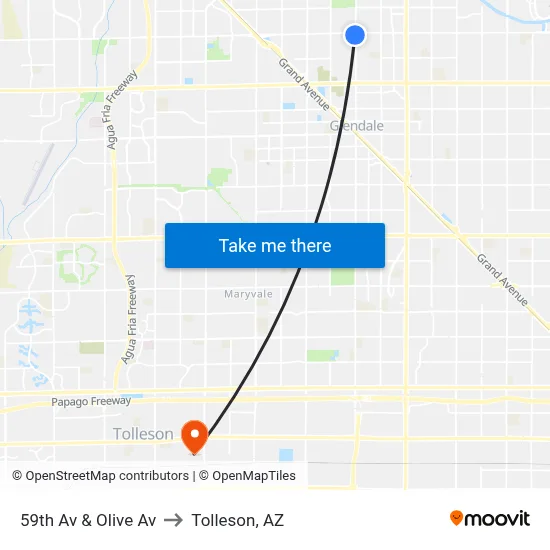 59th Av & Olive Av to Tolleson, AZ map