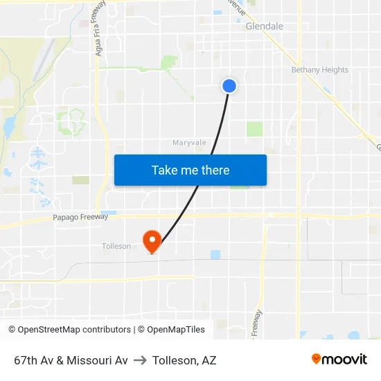 67th Av & Missouri Av to Tolleson, AZ map