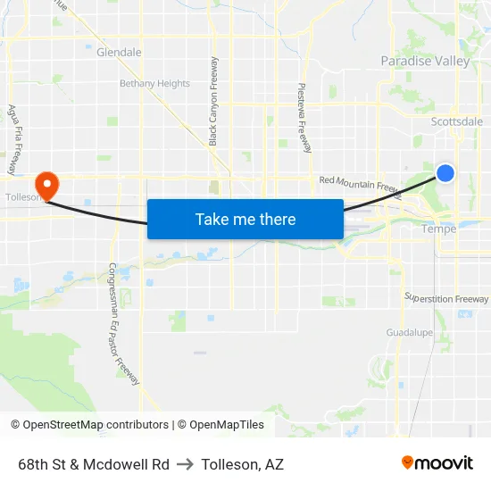 68th St & Mcdowell Rd to Tolleson, AZ map