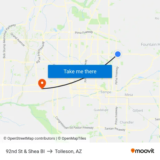 92nd St & Shea Bl to Tolleson, AZ map