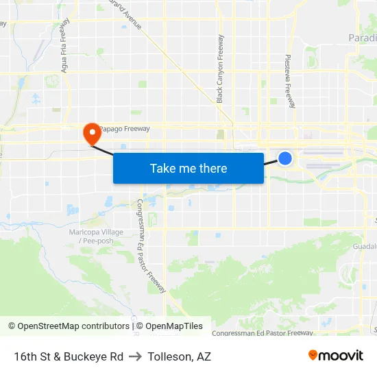 16th St & Buckeye Rd to Tolleson, AZ map