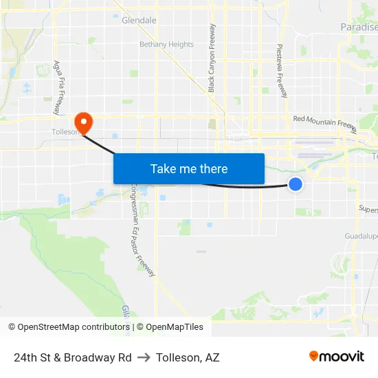 24th St & Broadway Rd to Tolleson, AZ map