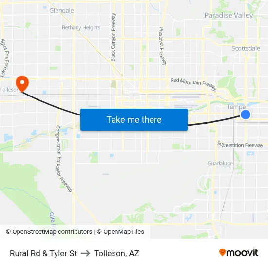 Rural Rd & Tyler St to Tolleson, AZ map