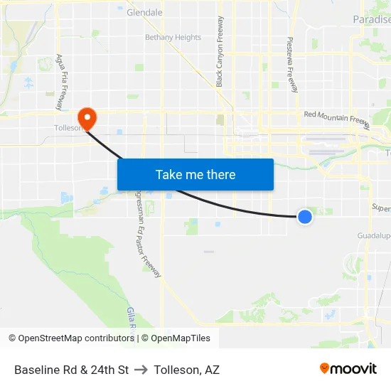 Baseline Rd & 24th St to Tolleson, AZ map