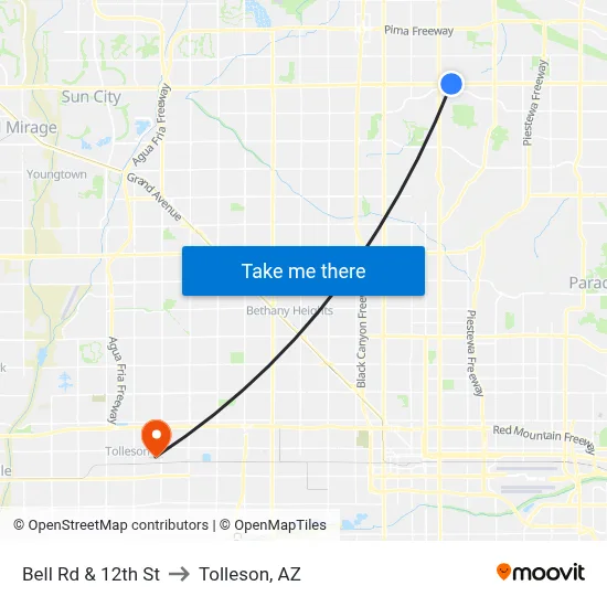 Bell Rd & 12th St to Tolleson, AZ map