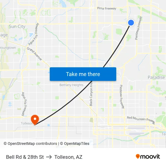 Bell Rd & 28th St to Tolleson, AZ map