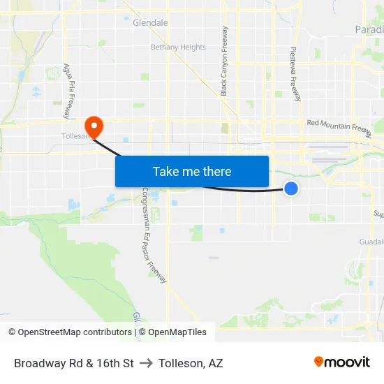 Broadway Rd & 16th St to Tolleson, AZ map