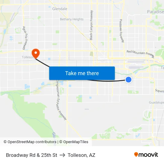 Broadway Rd & 25th St to Tolleson, AZ map