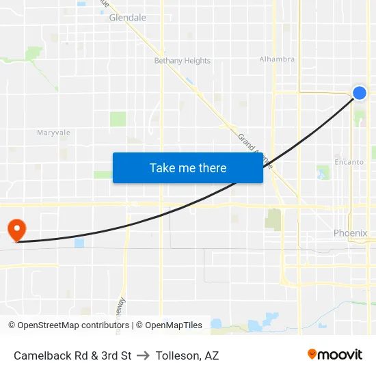 Camelback Rd & 3rd St to Tolleson, AZ map