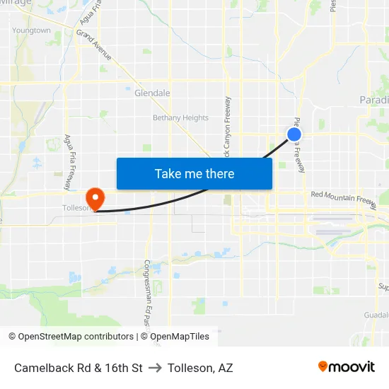 Camelback Rd & 16th St to Tolleson, AZ map