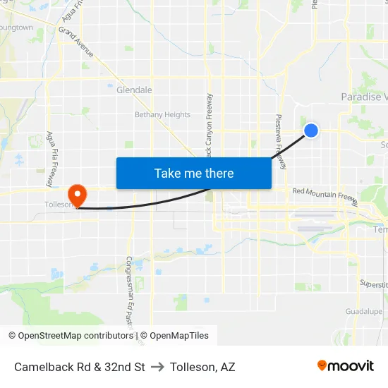 Camelback Rd & 32nd St to Tolleson, AZ map