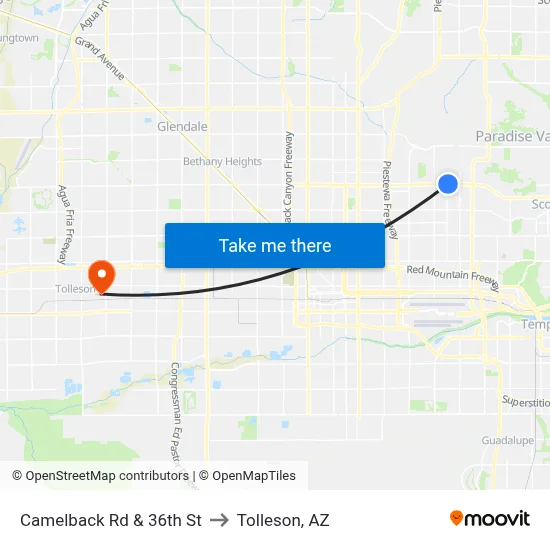 Camelback Rd & 36th St to Tolleson, AZ map