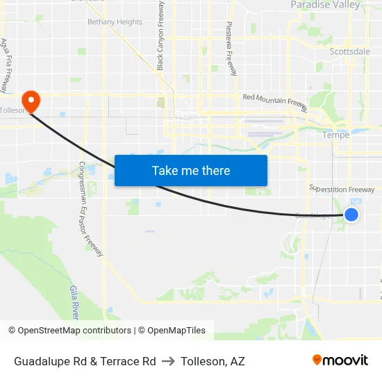 Guadalupe Rd & Terrace Rd to Tolleson, AZ map
