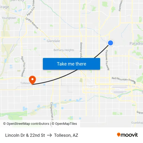 Lincoln Dr & 22nd St to Tolleson, AZ map