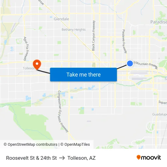 Roosevelt St & 24th St to Tolleson, AZ map