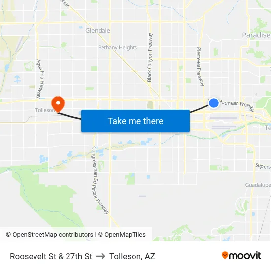 Roosevelt St & 27th St to Tolleson, AZ map