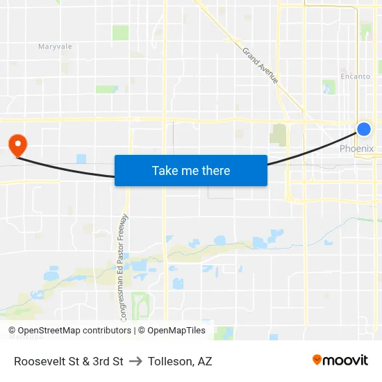 Roosevelt St & 3rd St to Tolleson, AZ map