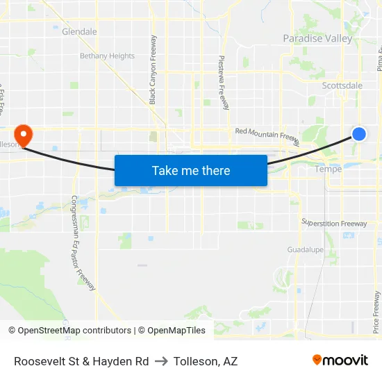 Roosevelt St & Hayden Rd to Tolleson, AZ map