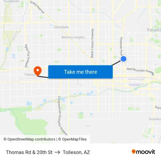 Thomas Rd & 20th St to Tolleson, AZ map