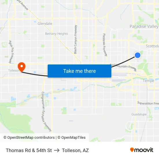 Thomas Rd & 54th St to Tolleson, AZ map