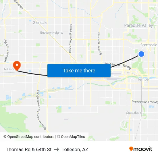 Thomas Rd & 64th St to Tolleson, AZ map