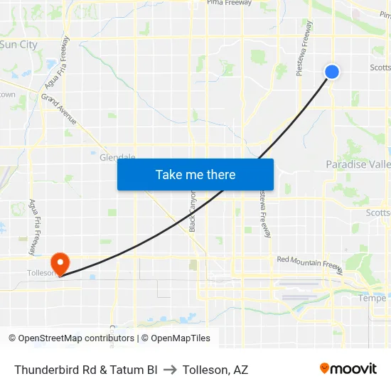 Thunderbird Rd & Tatum Bl to Tolleson, AZ map