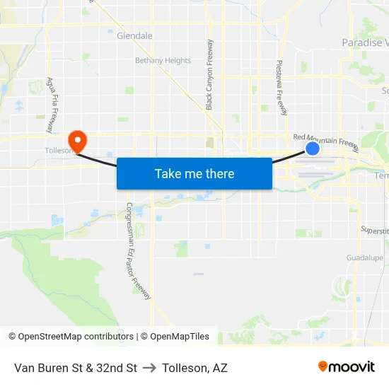 Van Buren St & 32nd St to Tolleson, AZ map
