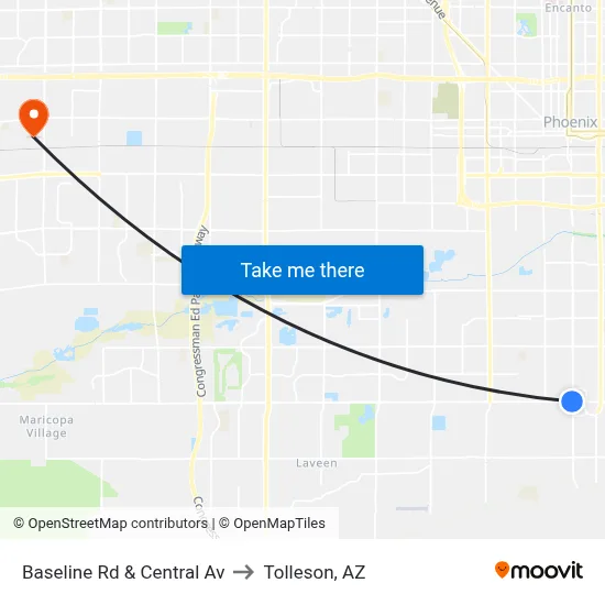 Baseline Rd & Central Av to Tolleson, AZ map