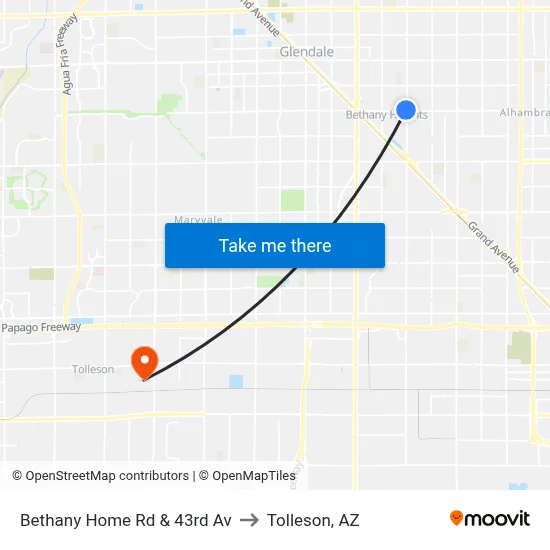 Bethany Home Rd & 43rd Av to Tolleson, AZ map