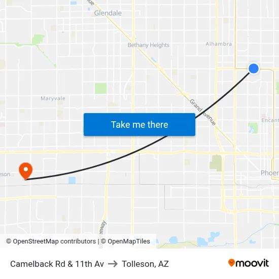 Camelback Rd & 11th Av to Tolleson, AZ map