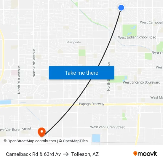 Camelback Rd & 63rd Av to Tolleson, AZ map