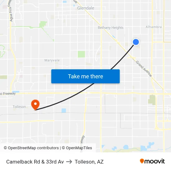 Camelback Rd & 33rd Av to Tolleson, AZ map