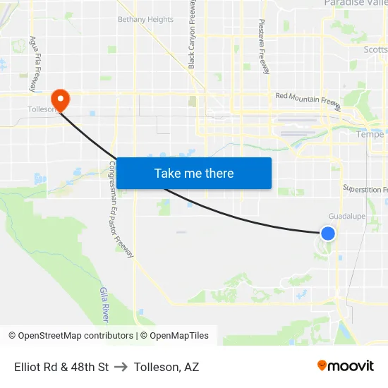 Elliot Rd & 48th St to Tolleson, AZ map