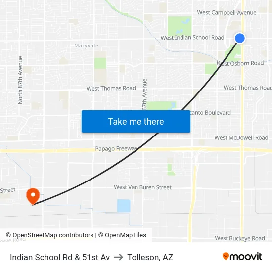Indian School Rd & 51st Av to Tolleson, AZ map