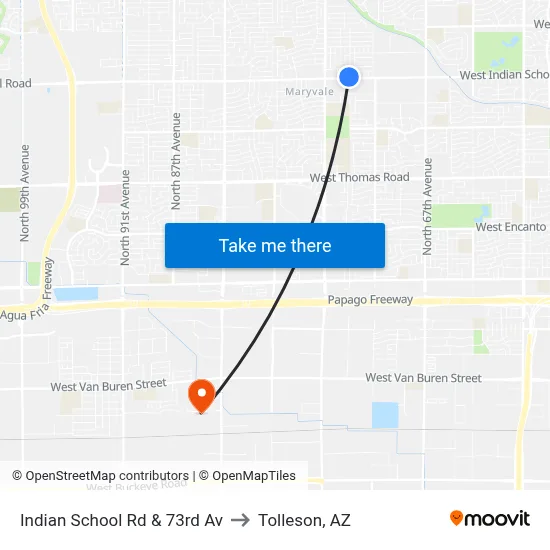 Indian School Rd & 73rd Av to Tolleson, AZ map