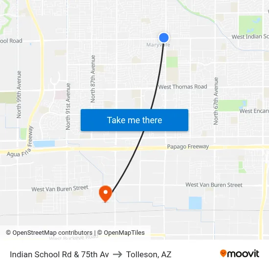 Indian School Rd & 75th Av to Tolleson, AZ map