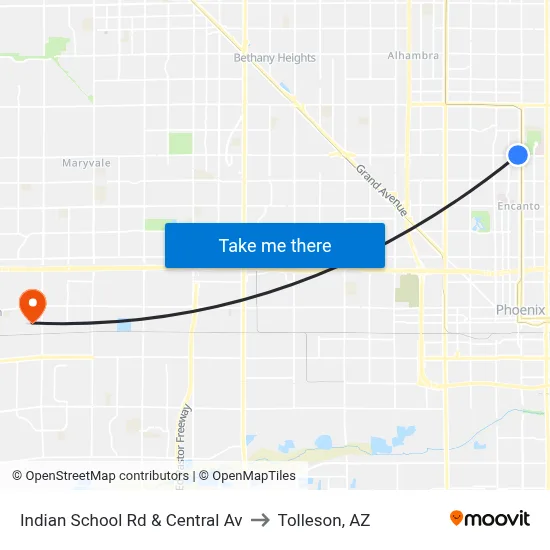 Indian School Rd & Central Av to Tolleson, AZ map