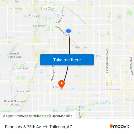 Peoria Av & 75th Av to Tolleson, AZ map