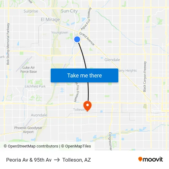 Peoria Av & 95th Av to Tolleson, AZ map