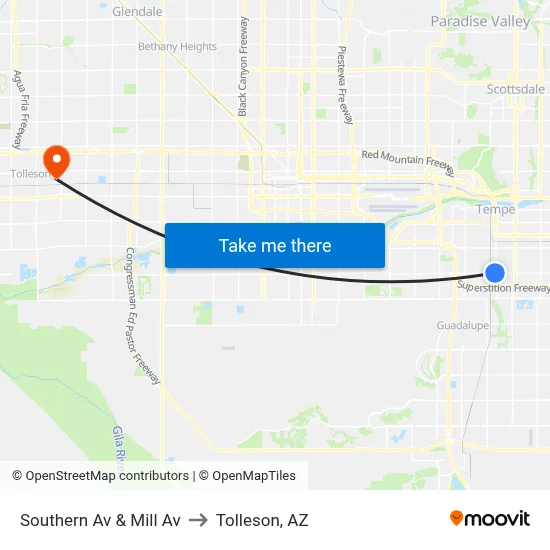 Southern Av & Mill Av to Tolleson, AZ map