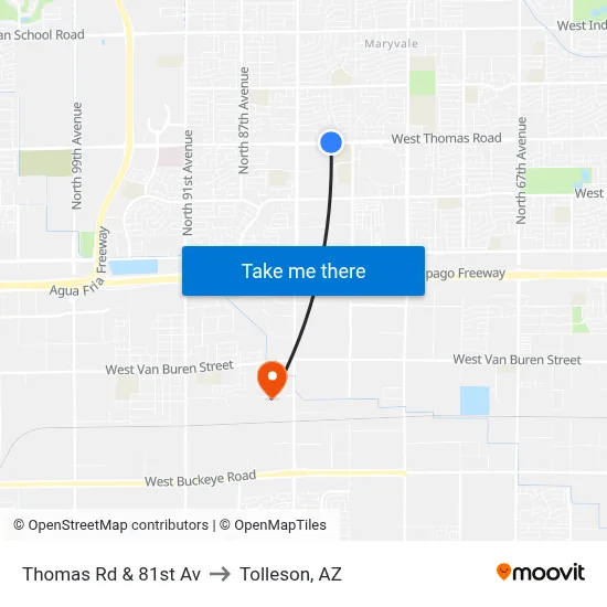Thomas Rd & 81st Av to Tolleson, AZ map